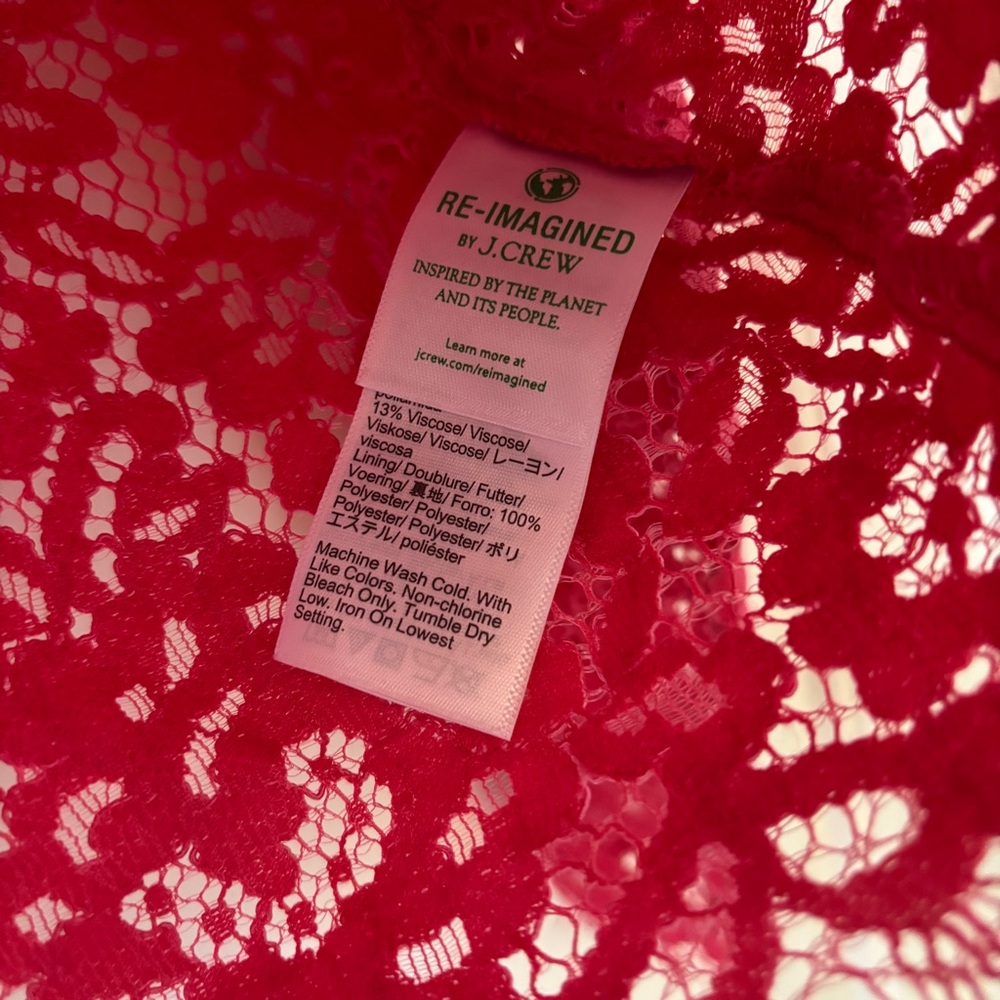 J. Crew Scalloped Lace Mockneck Top Vibrant Pink Lace Blouse Size 14‎ Sheer Glam - Picture 5 of 12